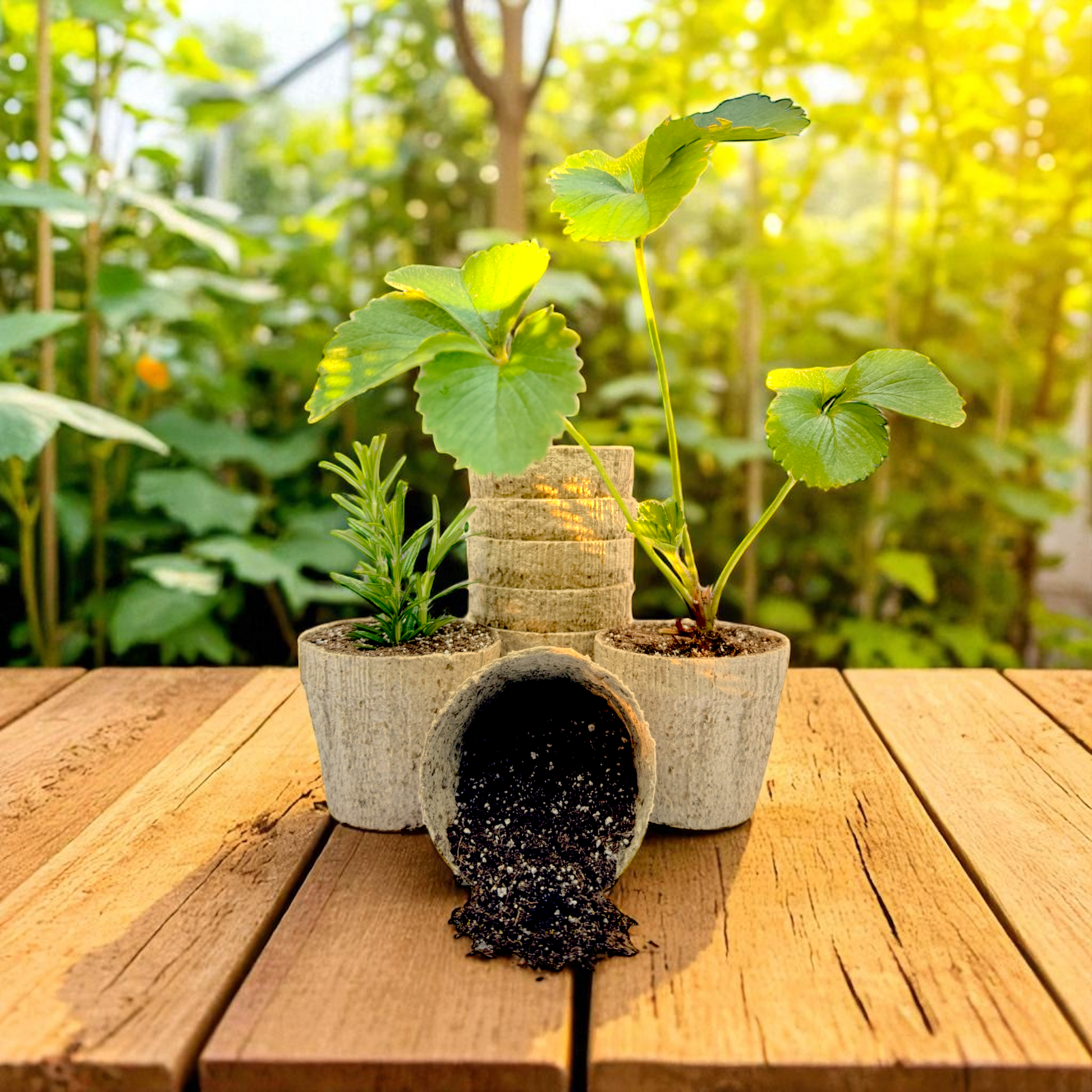 Plants in pots on a wooden table with a blurred garden background